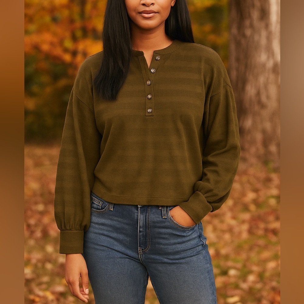 Banana Republic Olive Balloon Sleeve Henley Blouse